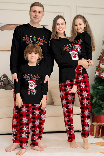Conjunto de pijamas a juego con estampado de copos de nieve de reno rojo negro para Navidad